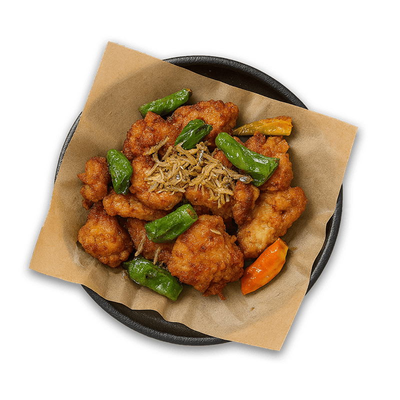 Boneless Fried Chicken w/ Crispy Baby Anchovies, Shishito Peppers